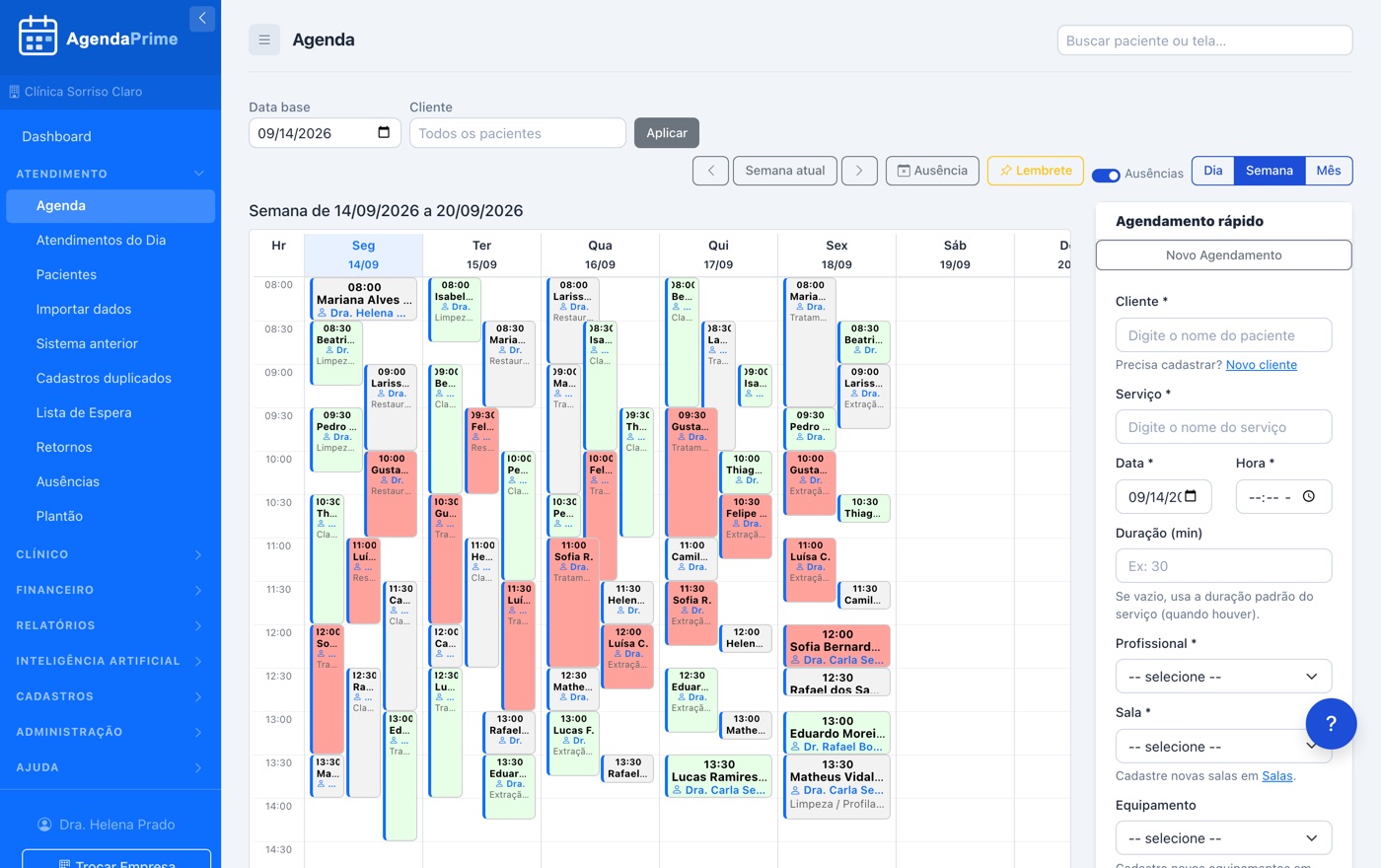 Agenda com uma coluna por profissional e cores por situação